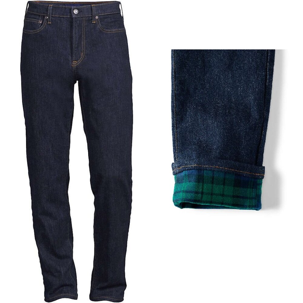 NWT Lands' End Men's Flannel Lined Jeans Dark Wash Black Watch Plaid 38X34 38/34